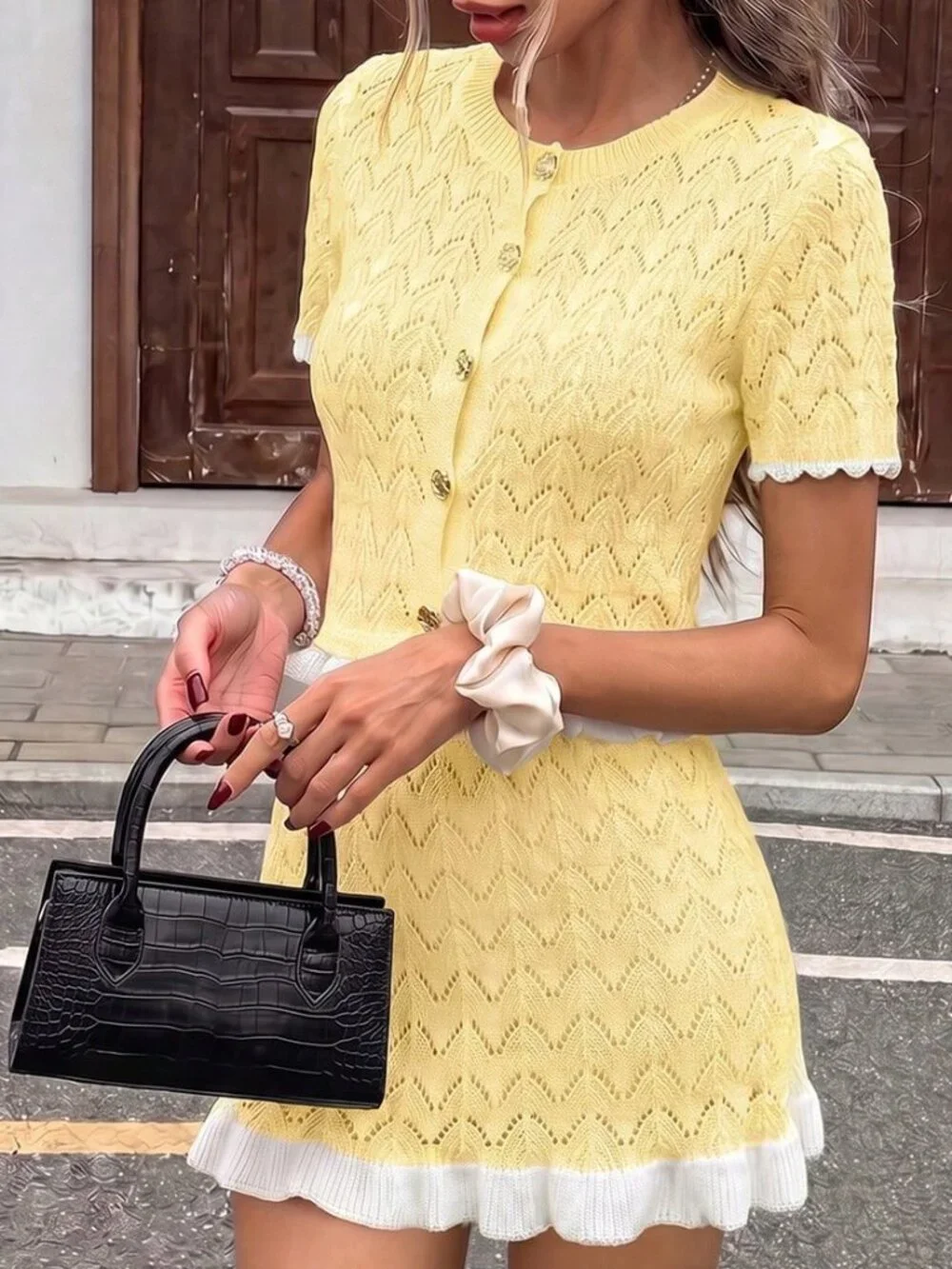 Yellow Casual Women's Knit Floral Pattern Ruffle Short Sleeve Top + Skirt Set